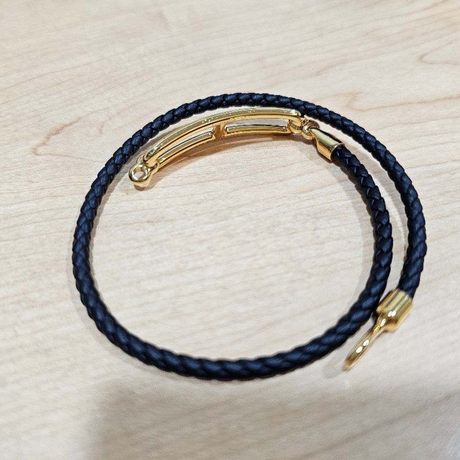 Hermes 編織單繩雙圈/Glenan H 小牛皮雙圈編織手環(黑金)-3