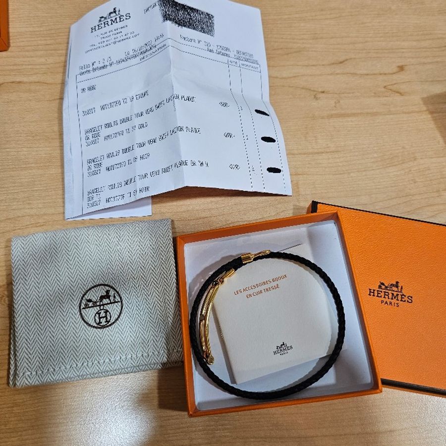Hermes 編織單繩雙圈/Glenan H 小牛皮雙圈編織手環(黑金)-4