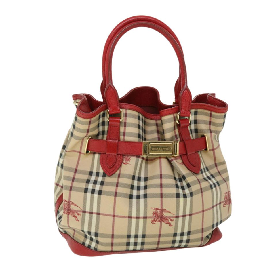 【日本直送】BURBERRY Nova 格紋手提包 PVC 皮革 米色 紅色 正品 yk8482-0