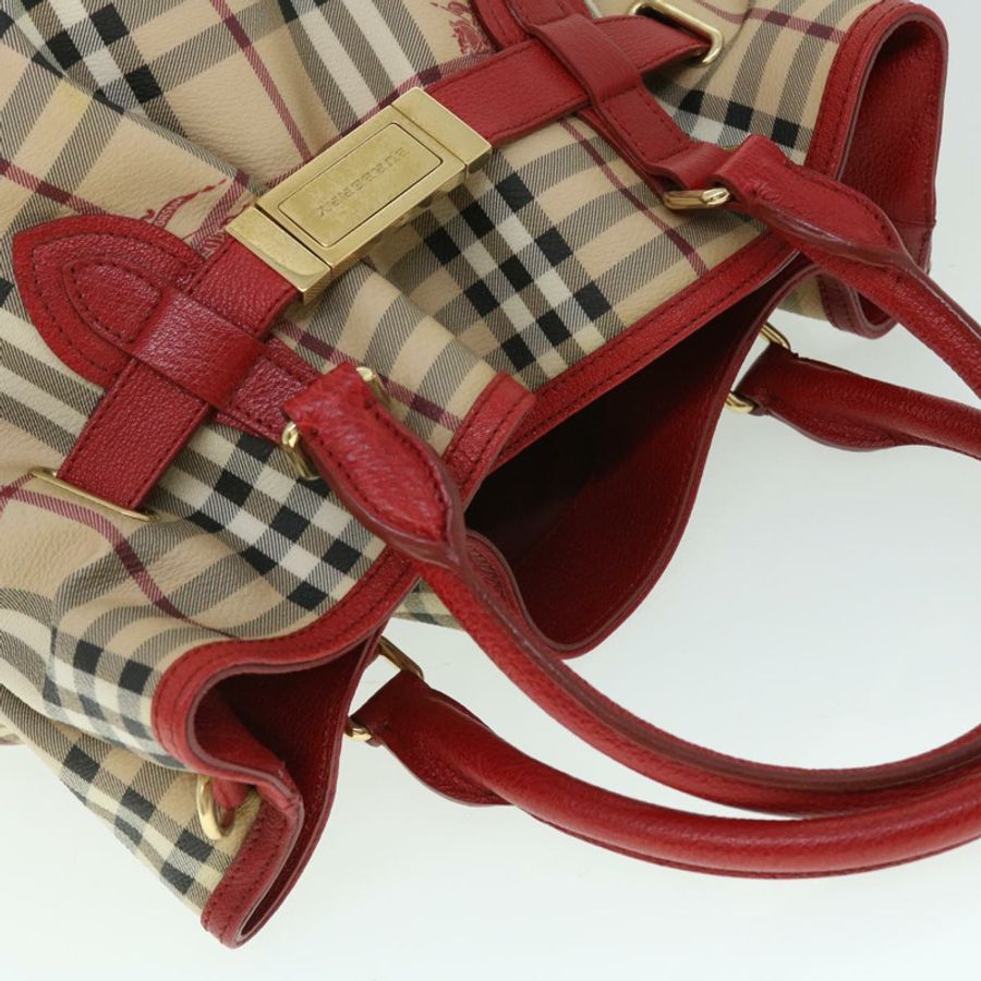 【日本直送】BURBERRY Nova 格紋手提包 PVC 皮革 米色 紅色 正品 yk8482-5