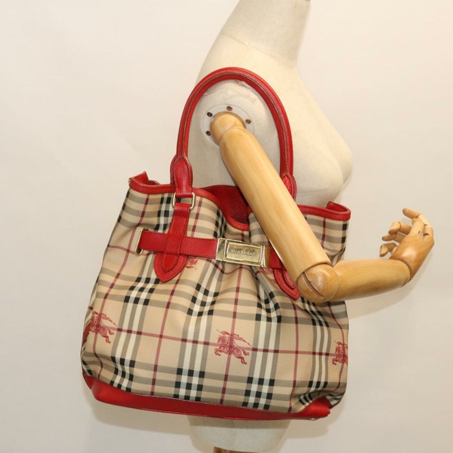 【日本直送】BURBERRY Nova 格紋手提包 PVC 皮革 米色 紅色 正品 yk8482-22