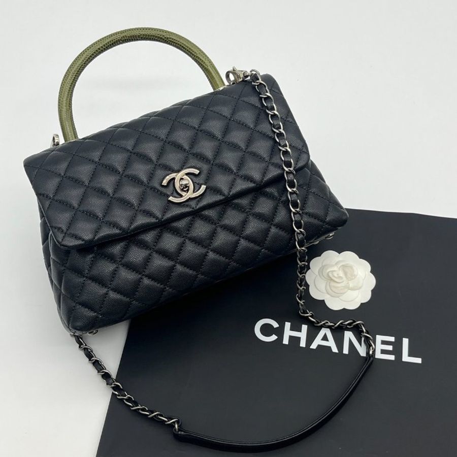 CHANEL 香奈兒 黑銀荔枝皮紋蟒蛇皮HANDLE中款鍊包/肩背包/斜背包/手提包-0