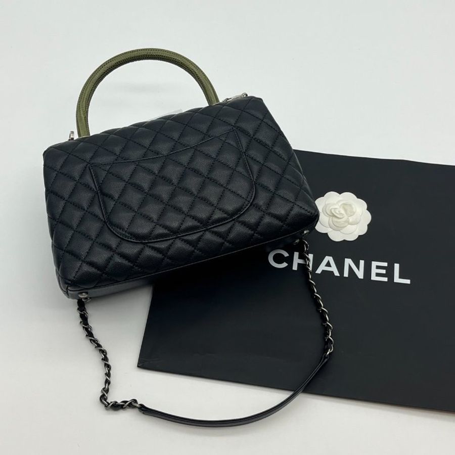 CHANEL 香奈兒 黑銀荔枝皮紋蟒蛇皮HANDLE中款鍊包/肩背包/斜背包/手提包-1
