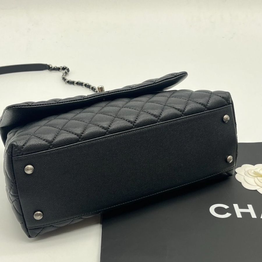 CHANEL 香奈兒 黑銀荔枝皮紋蟒蛇皮HANDLE中款鍊包/肩背包/斜背包/手提包-6