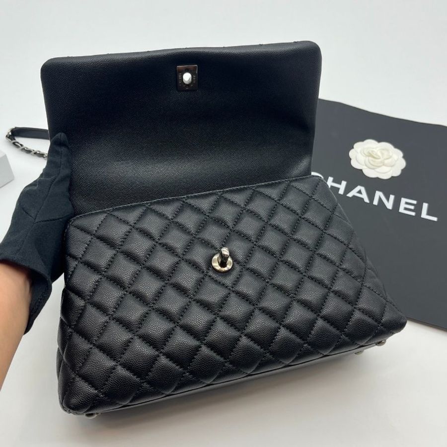 CHANEL 香奈兒 黑銀荔枝皮紋蟒蛇皮HANDLE中款鍊包/肩背包/斜背包/手提包-8