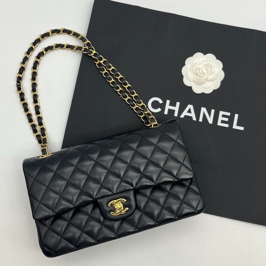 CHANEL 香奈兒 黑金羊皮菱格紋25公分CF鍊包/肩背包/斜背包-0