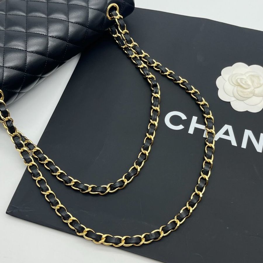 CHANEL 香奈兒 黑金羊皮菱格紋25公分CF鍊包/肩背包/斜背包-7