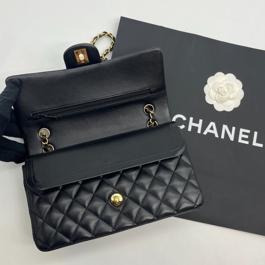 CHANEL 香奈兒 黑金羊皮菱格紋25公分CF鍊包/肩背包/斜背包-8