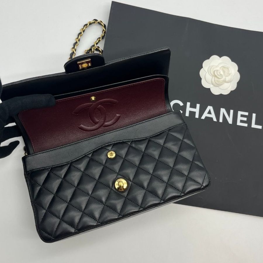 CHANEL 香奈兒 黑金羊皮菱格紋25公分CF鍊包/肩背包/斜背包-9