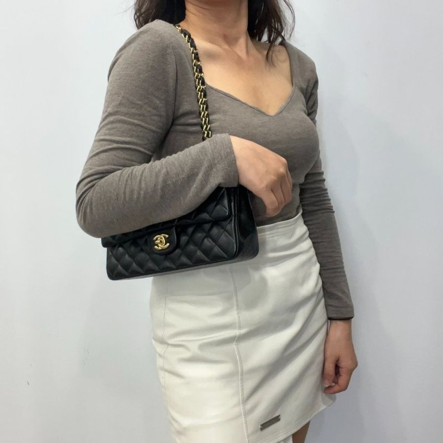 CHANEL 香奈兒 黑金羊皮菱格紋25公分CF鍊包/肩背包/斜背包-11