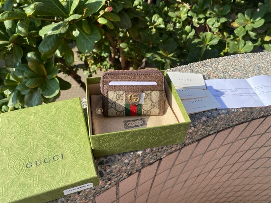 全新GUCCI 658552 Ophidia 老花 綠紅綠pvcㄇ字拉鍊卡片零錢包-0