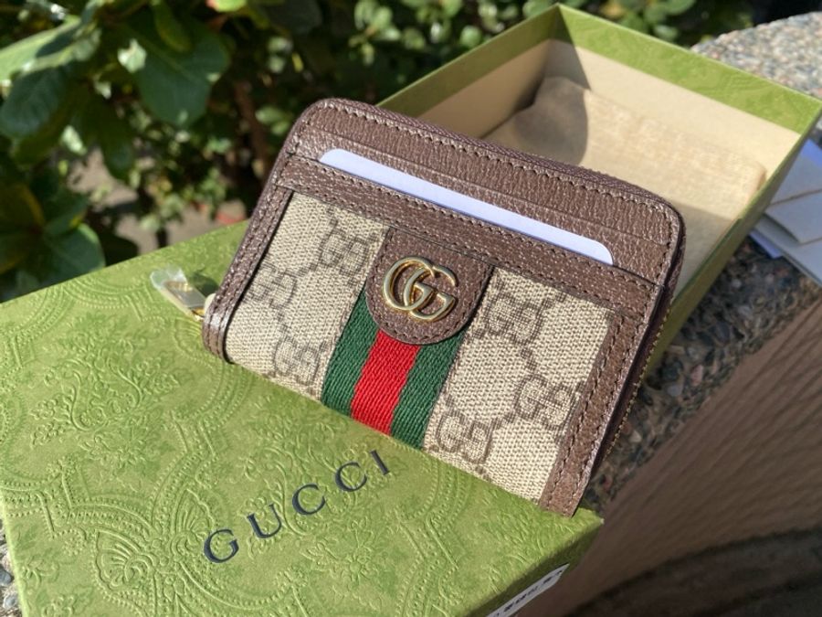 全新GUCCI 658552 Ophidia 老花 綠紅綠pvcㄇ字拉鍊卡片零錢包-2