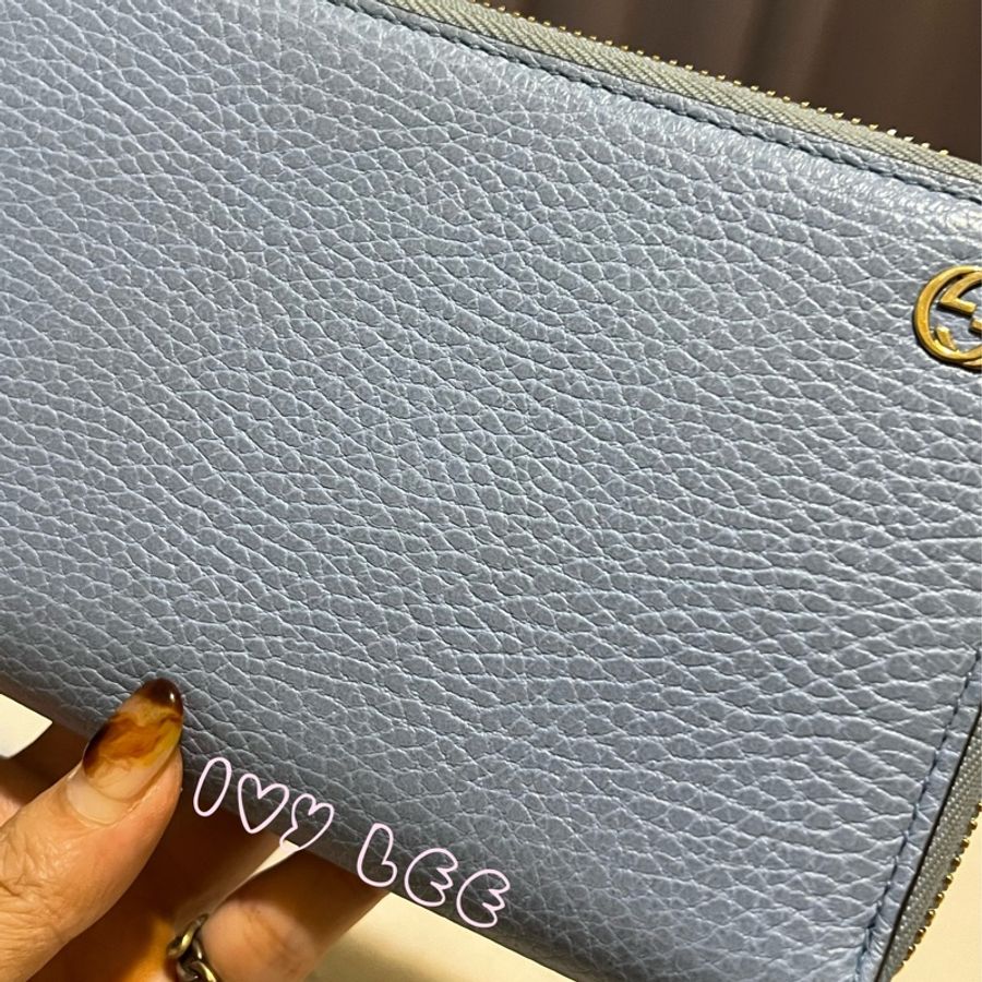 GUCCI 經典品牌金屬GG LOGO荔枝壓紋皮革拉鍊長夾 粉藍（449347) 二手精品-17