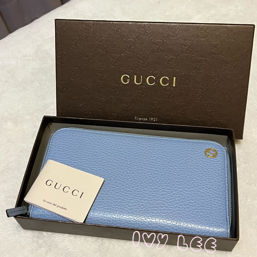 GUCCI 經典品牌金屬GG LOGO荔枝壓紋皮革拉鍊長夾 粉藍（449347) 二手精品-19