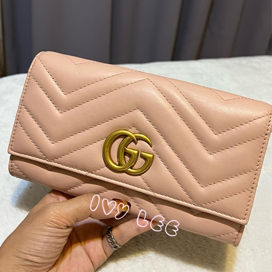 GUCCI 古馳 443436 GG Marmont絎縫紋牛皮金屬雙G LOGO長夾 粉色  二手精品-26