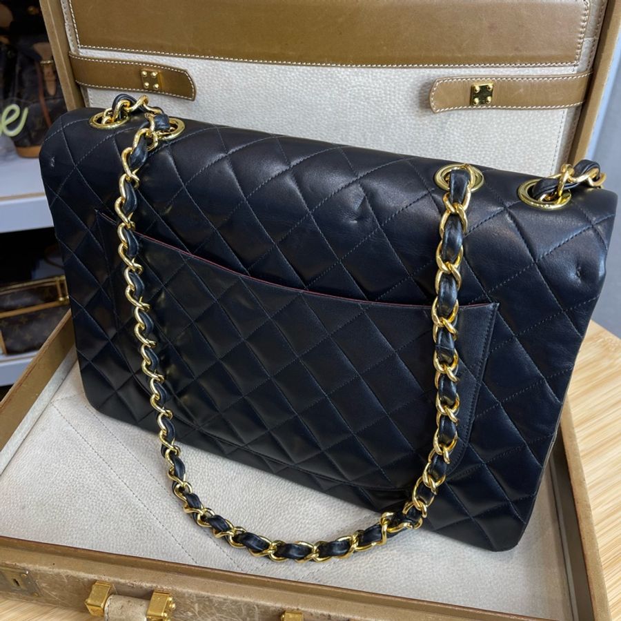 再降📉CHANEL vintage 貝嫂34cm/黑金羊皮大金釦口蓋鍊包-13