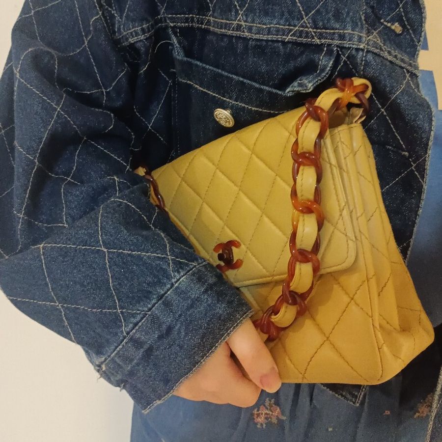 Chanel vintage 小羊皮方胖玳瑁鏈包-13