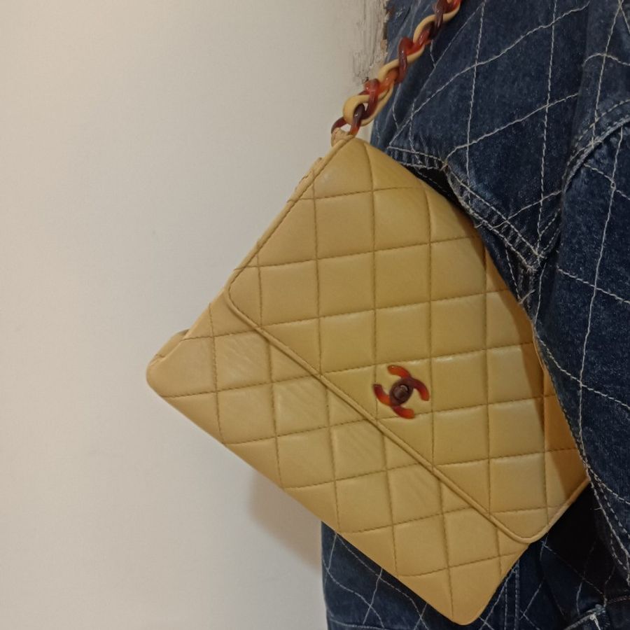 Chanel vintage 小羊皮方胖玳瑁鏈包-14