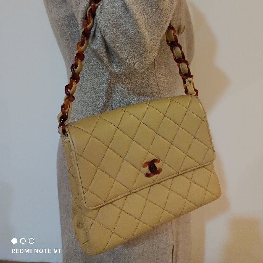Chanel vintage 小羊皮方胖玳瑁鏈包-15