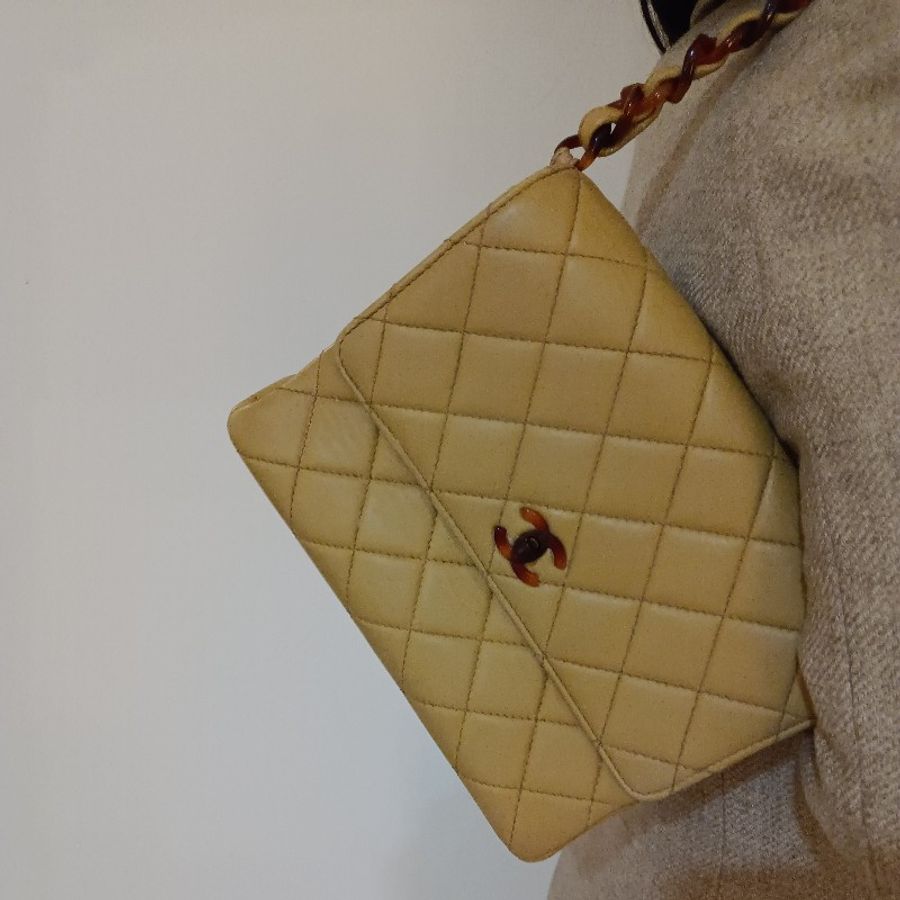Chanel vintage 小羊皮方胖玳瑁鏈包-16