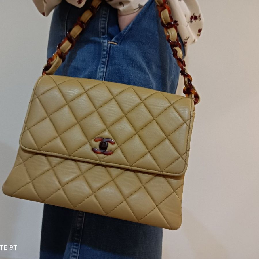 Chanel vintage 小羊皮方胖玳瑁鏈包-17