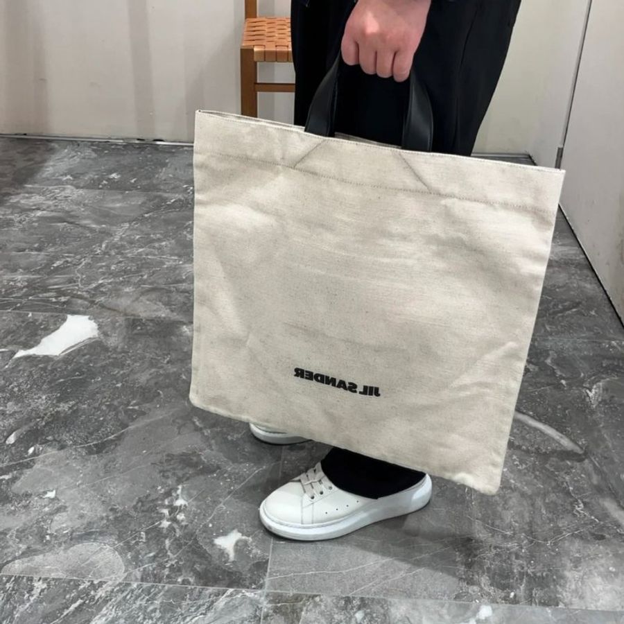 Jil Sander 皮革手柄的方形棉質書袋包/購物包《佳節年終折扣》-4