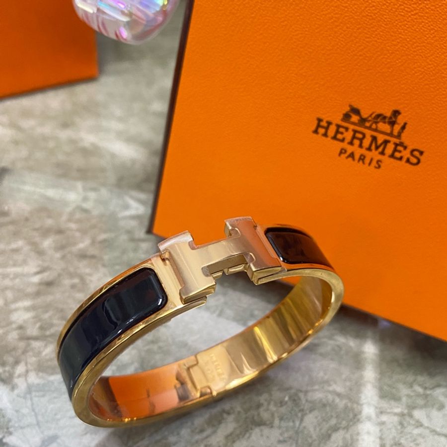Hermes 琺瑯手環 pm sizes 黑色玫瑰金扣-0