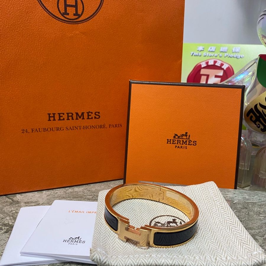 Hermes 琺瑯手環 pm sizes 黑色玫瑰金扣-3