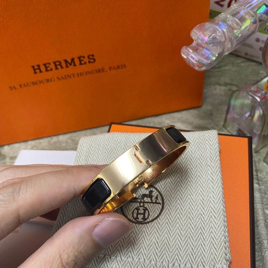 Hermes 琺瑯手環 pm sizes 黑色玫瑰金扣-4