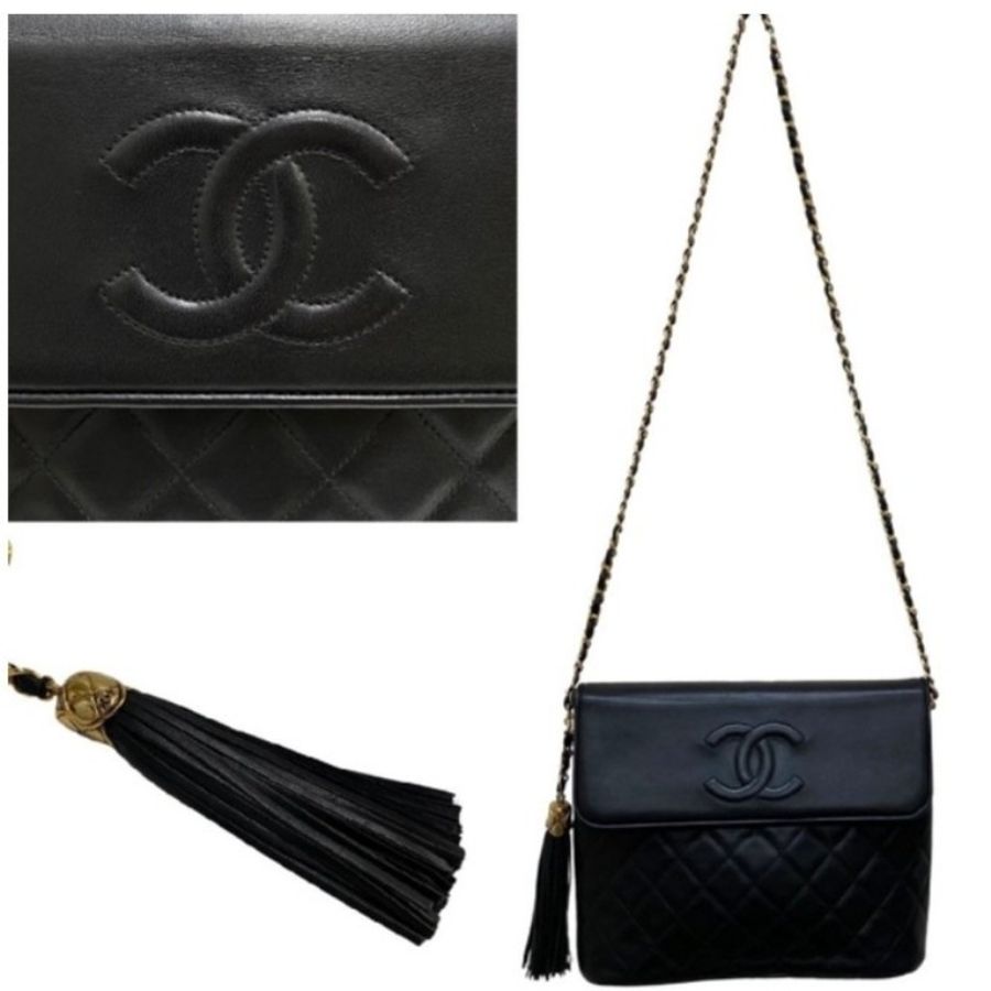 Chanel Vintage 香奈兒chanel 黑色羊皮3用流蘇包-1