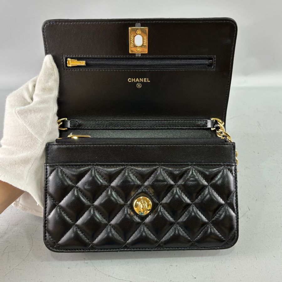 Chanel AP3310黑羊皮金釦超美麻花鏈條woc斜背包-13