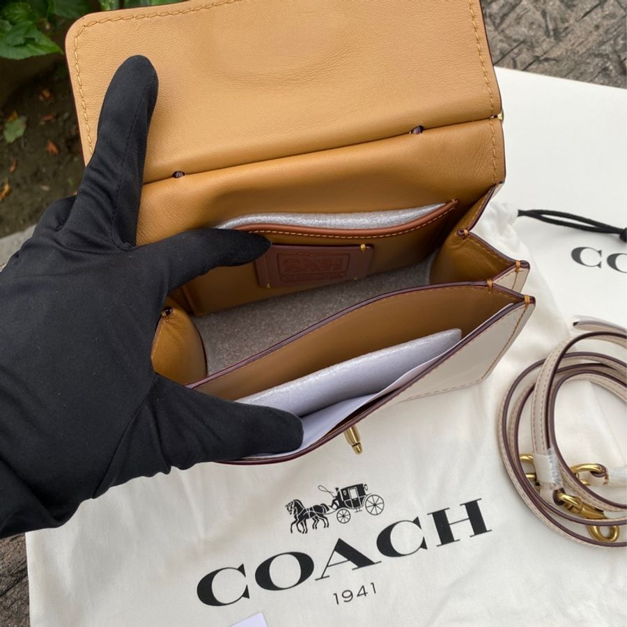 全新COACH 89223 白色全皮滾黃線邊Willis 18 迷你款復古手提包正櫃款-5