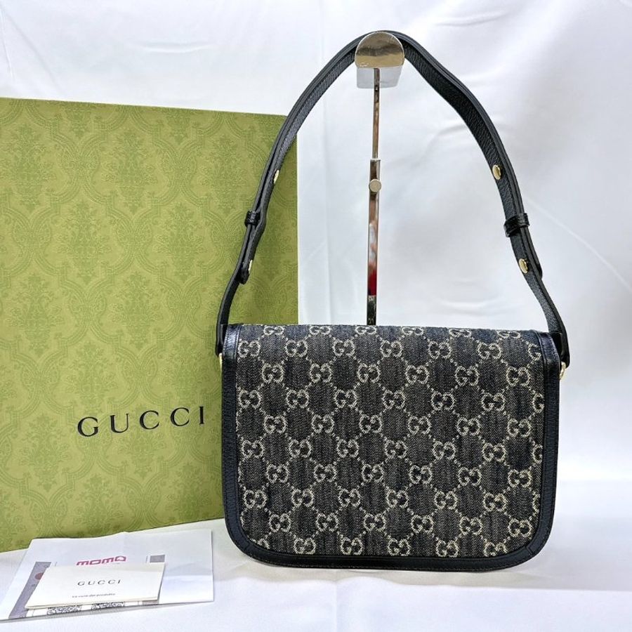 GUCCI 1955 Horsebit單寧黑馬銜扣肩揹包-1