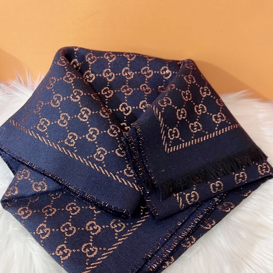 GUCCI 藍色金絲 G LOGO 羊毛混紡圍巾-9