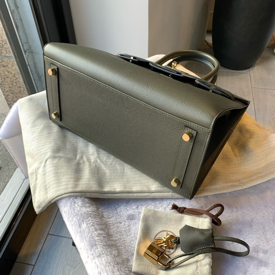 Hermes Birkin 金釦 Epsom 皮30cm(灰綠色)-3