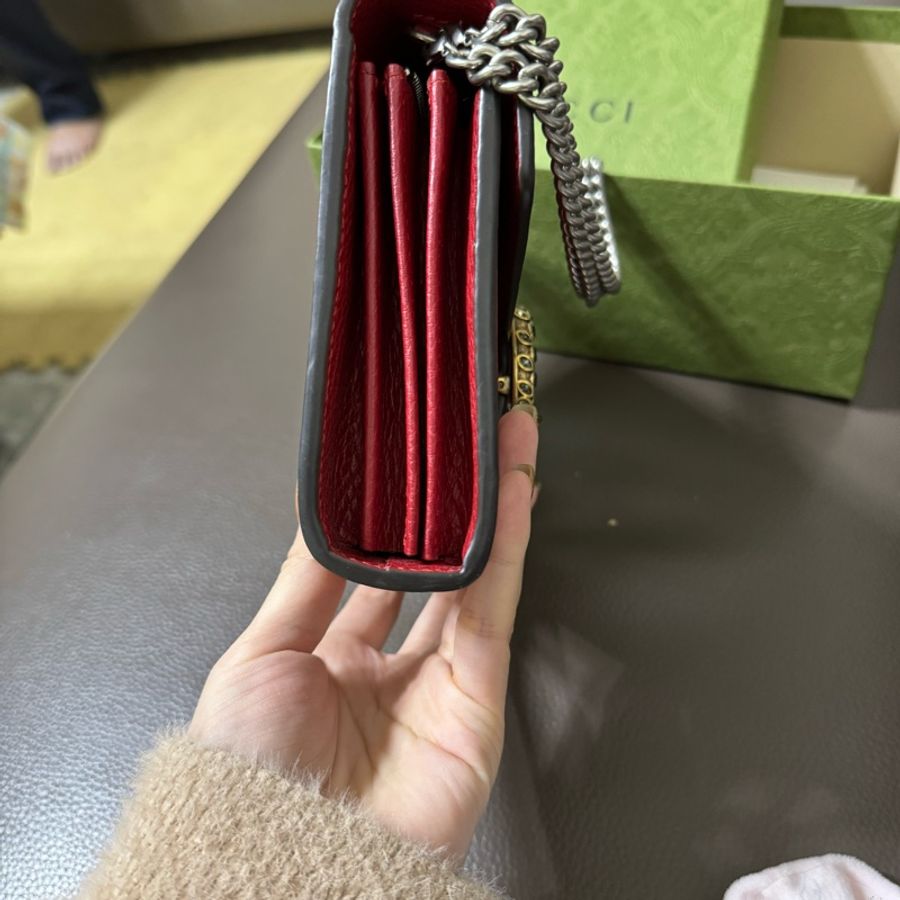GUCCI 9.5新Dionysus 酒神水鑽皮夾式鍊包(紅色)-8