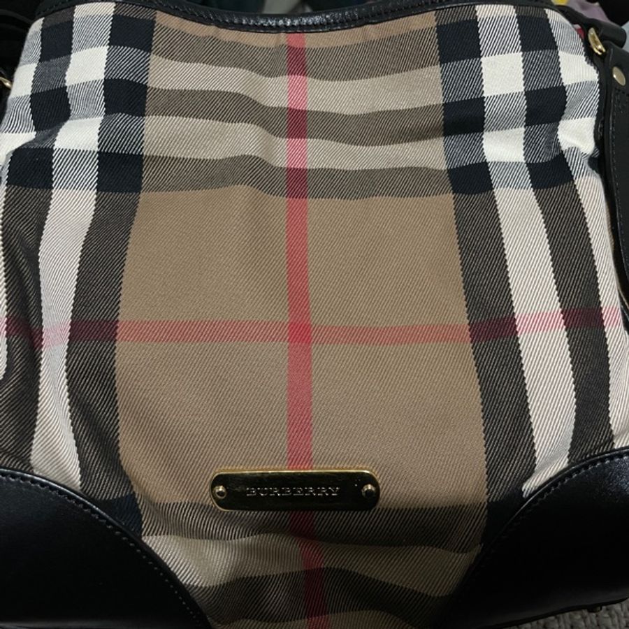 Burberry 肩背包 棉麻拼皮材質-6