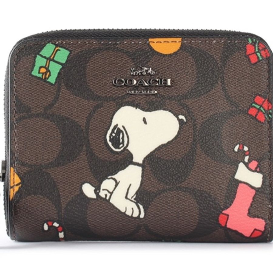 COACH X PEANUTS SNOOPY與禮物圖案滿版C LOGO 限量短夾-0