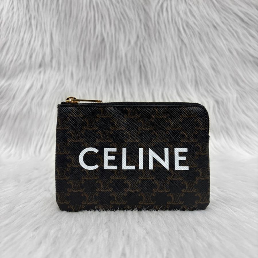 Celine凱旋門老花帆布白字母logo拉鍊鑰匙零錢包-0