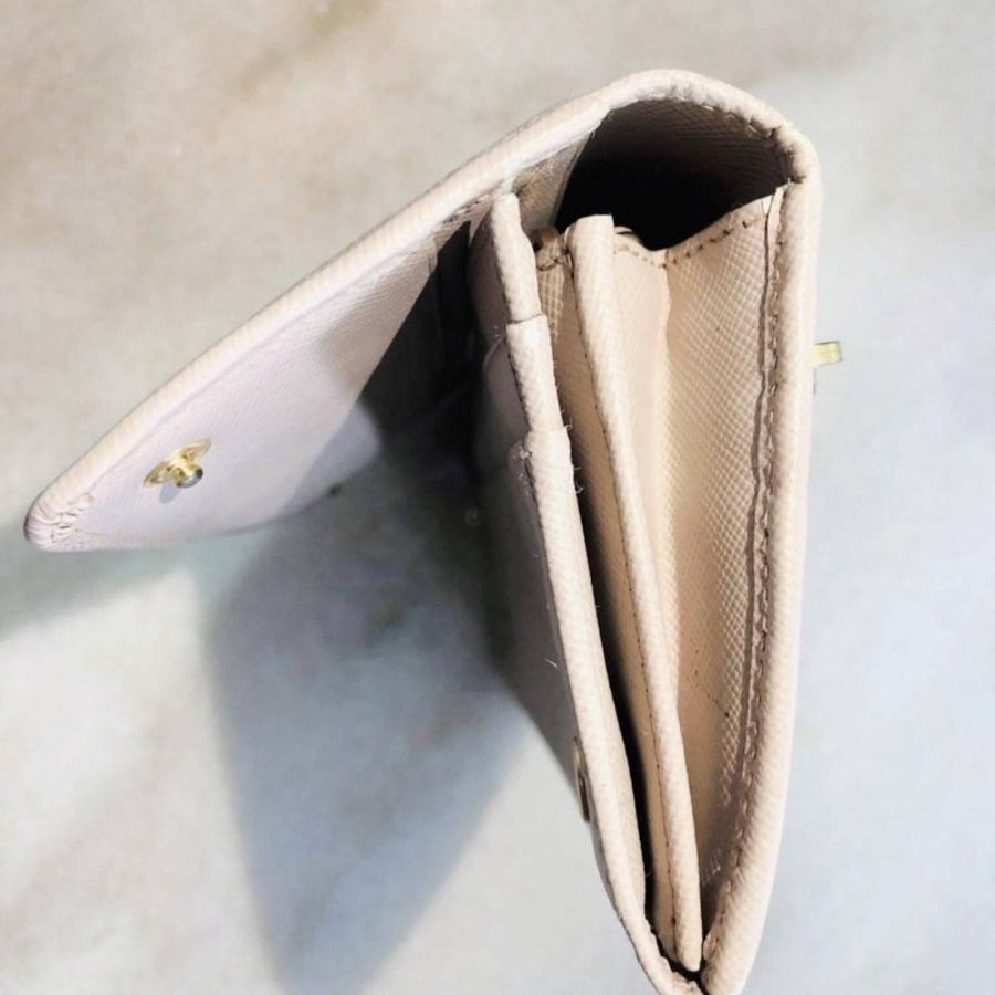 PRADA 粉米色防刮牛皮金釦開釦長夾-7