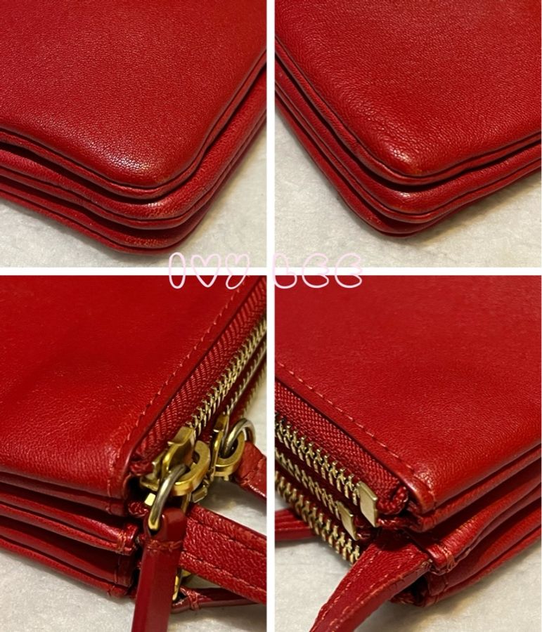 Celine Trio系列經典燙金LOGO小羊皮三夾層斜背包 經典紅色 二手精品-14