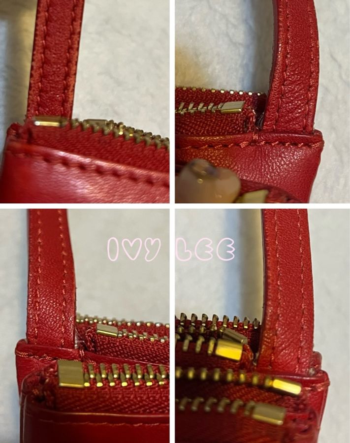 Celine Trio系列經典燙金LOGO小羊皮三夾層斜背包 經典紅色 二手精品-15