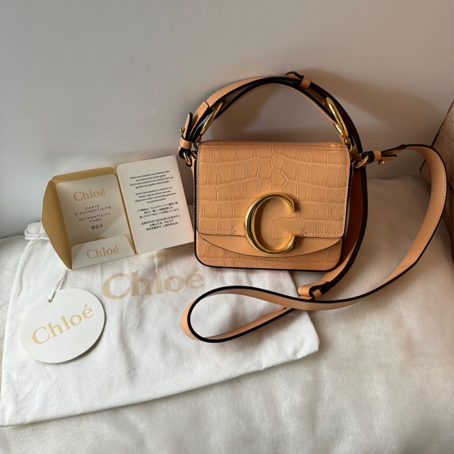 Chloe’ Mini C Bag 牛皮壓鱷魚紋手提/斜背包(蜜粉色)-0