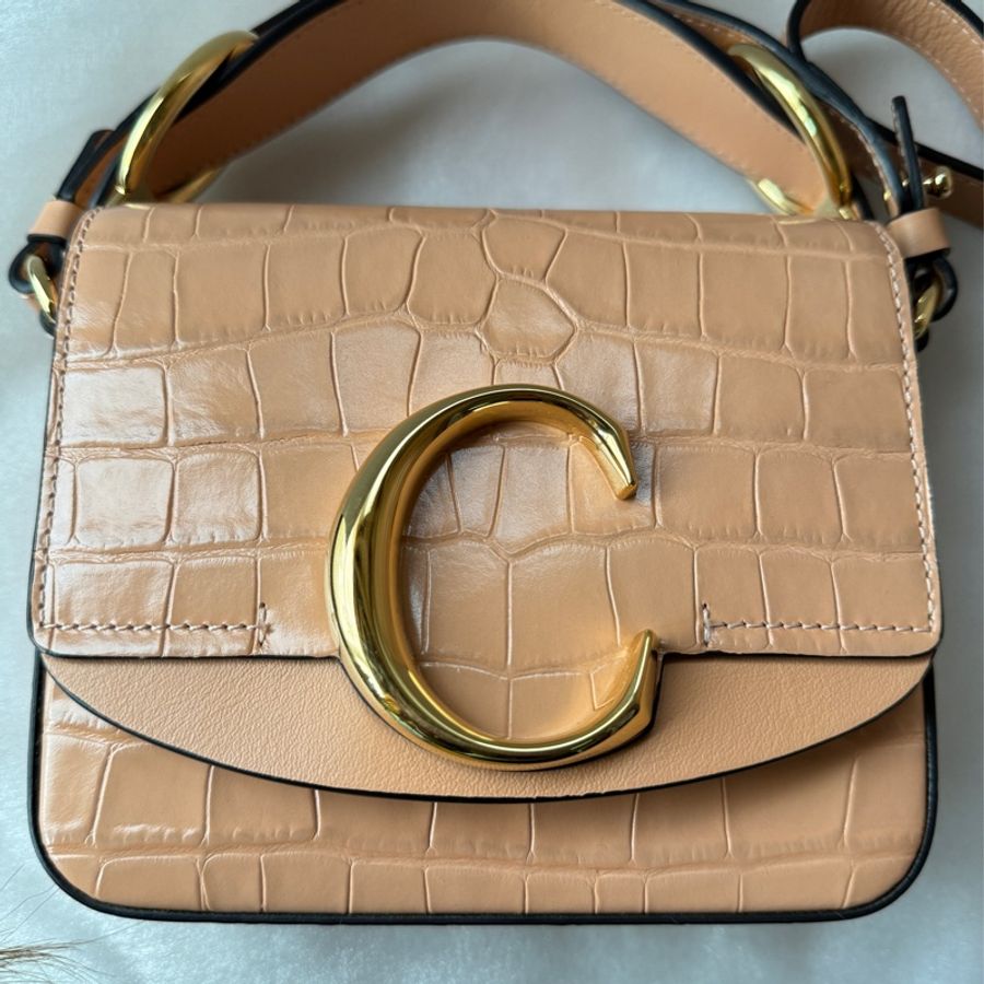 Chloe’ Mini C Bag 牛皮壓鱷魚紋手提/斜背包(蜜粉色)-7