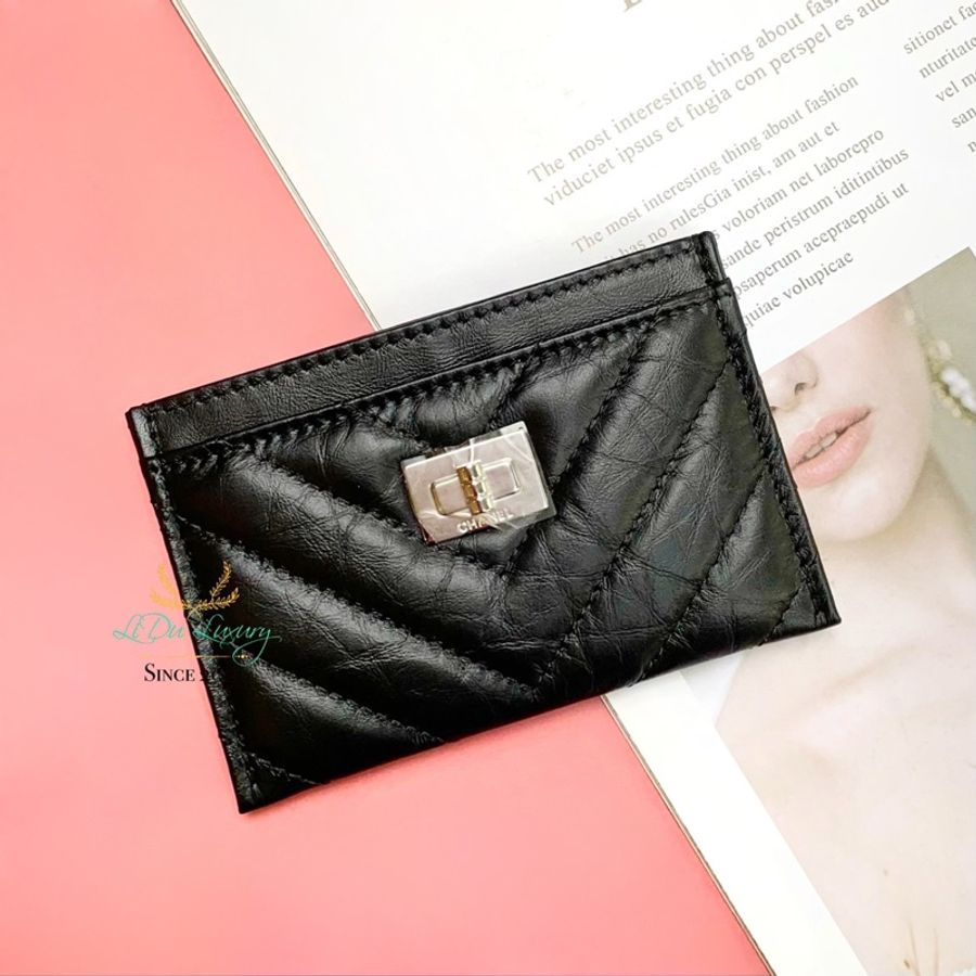 【 全新商品 】CHANEL 黑色 復刻系列 山形紋 銀釦 扁式卡夾-0