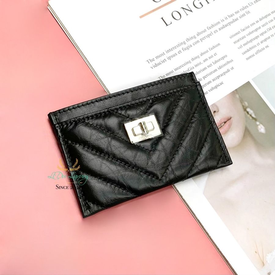 【 全新商品 】CHANEL 黑色 復刻系列 山形紋 銀釦 扁式卡夾-1