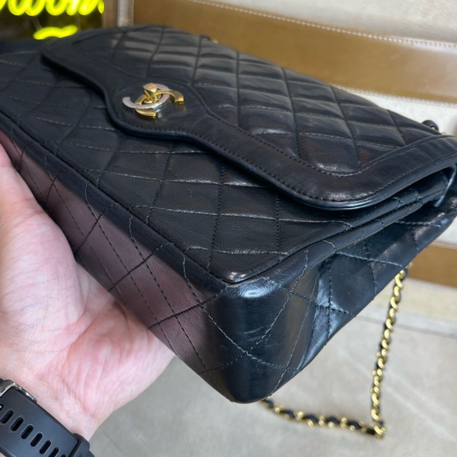 CHANEL vintage巴黎限定款金銀釦經典口蓋包25cm🖤老香經典貨色-7