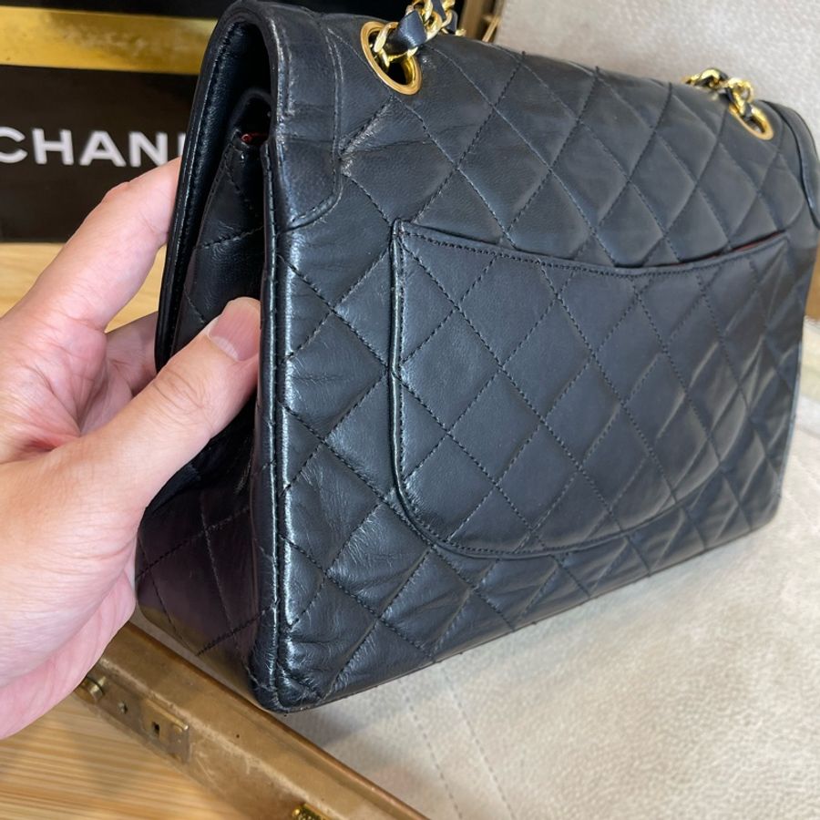 CHANEL vintage巴黎限定款金銀釦經典口蓋包25cm🖤老香經典貨色-12