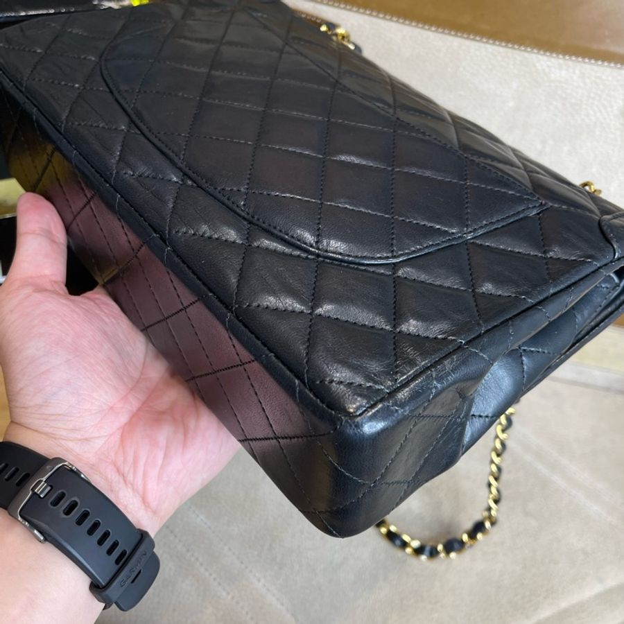 CHANEL vintage巴黎限定款金銀釦經典口蓋包25cm🖤老香經典貨色-14