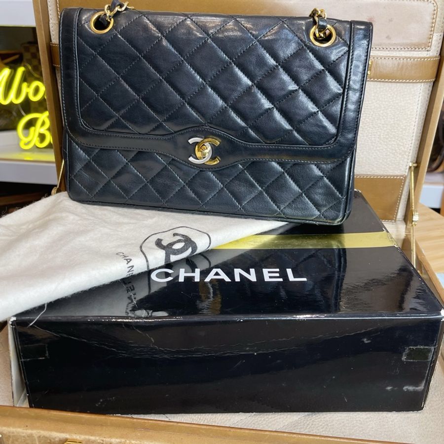 CHANEL vintage巴黎限定款金銀釦經典口蓋包25cm🖤老香經典貨色-39